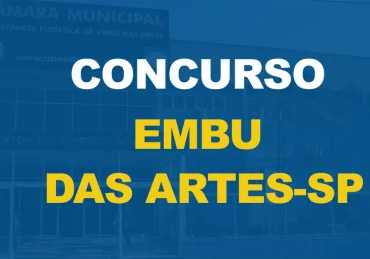 Fachada da Câmara Municipal da Estância Turística de Embu das Artes com texto sobre a imagem Concurso Câmara de Embu das Artes