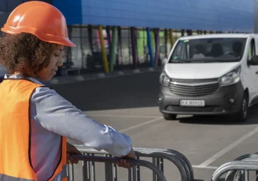 Mulher de colete laranja e capacete, de lado, em frente a uma cerca e van estacionada / Concurso Prefeitura de São Carlos