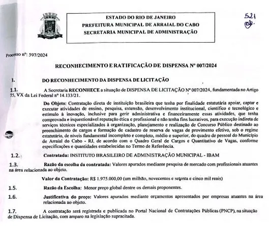Reconhecimento e Ratificação de Dispensa do concurso da Prefeitura de Arraial do Cabo. 