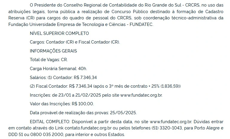 Extrato de edital do concurso CRC RS!