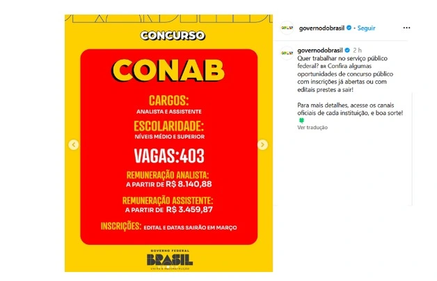 Post de divulgação do edital do concurso Conab!