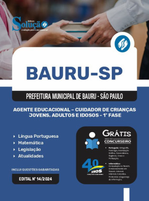 Apostila Prefeitura de Bauru - SP em PDF 2024 - Agente Educacional - Cuidador de Crianças, Jovens, Adultos e Idosos - 1ª Fase - Imagem 1